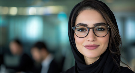 young woman with glasses and hijab looking at cameraの素材