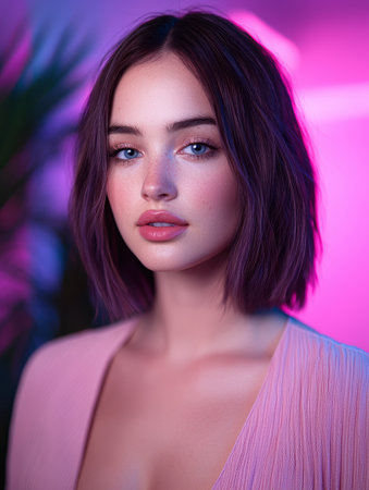 portrait of a woman with dark hair and blue eyesの素材