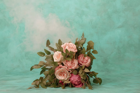 Bouquet of pink roses and peonies on teal backgroundの素材