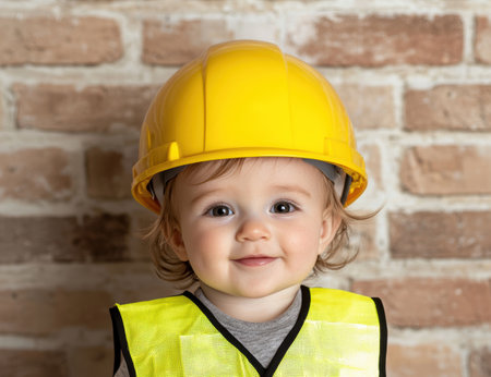 Smiling child in construction worker safety gearの素材