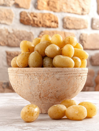 Delicious golden potatoes in rustic bowlの素材
