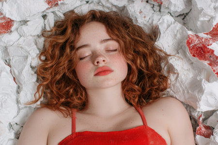 Dreamy redhead with closed eyes and red lipsの素材