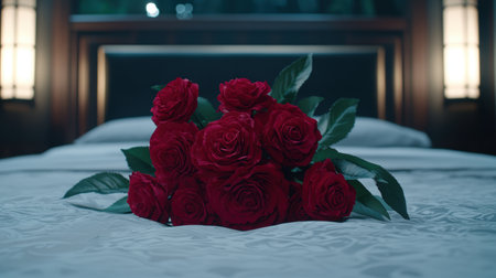 Bouquet of red roses on a bedの素材