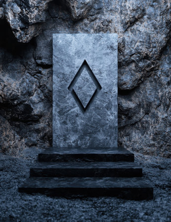 Mysterious stone monolith in dark caveの素材