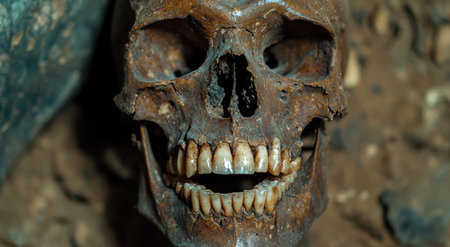 Closeup of a weathered and decaying human skullの素材