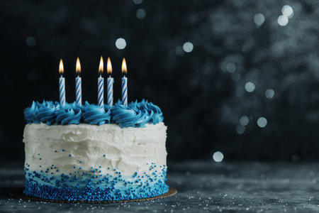 Elegant blue birthday cake with lit candlesの素材