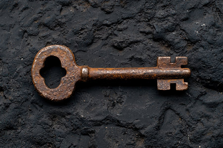 Rusty old key on dark backgroundの素材