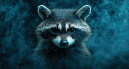 Intense gaze of a raccoon in the darkの素材