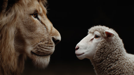 Powerful lion and innocent lamb face to faceの素材