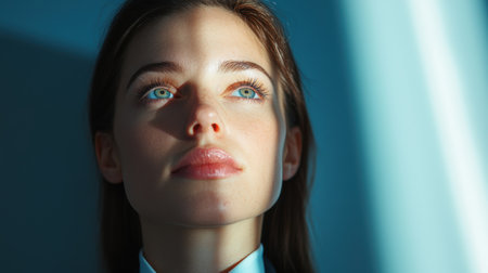 Thoughtful woman with piercing blue eyesの素材