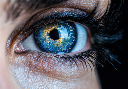 Closeup of a vibrant blue eye with golden sparklesの素材