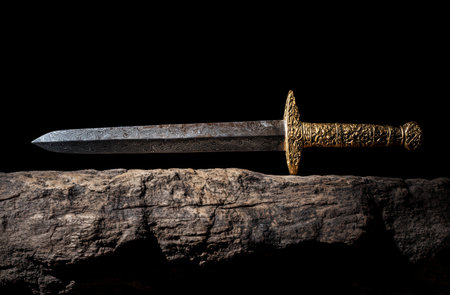 Ornate golden sword on dark backgroundの素材