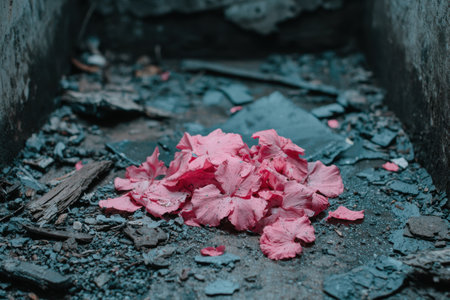 Vibrant pink flowers in a dark, gritty environmentの素材