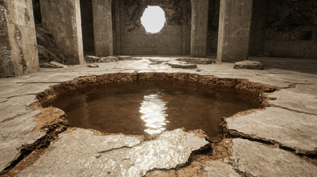 Abandoned architectural ruins with circular openingの素材