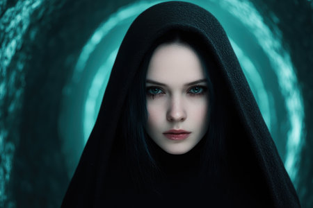 mysterious hooded figure in dark forestの素材