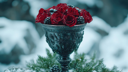 beautiful red roses in ornate glass vaseの素材