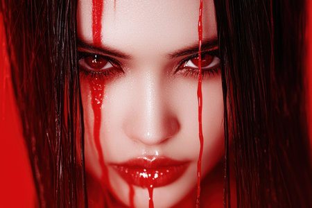 Dramatic portrait of a woman with dark hair and blood-like tearsの素材