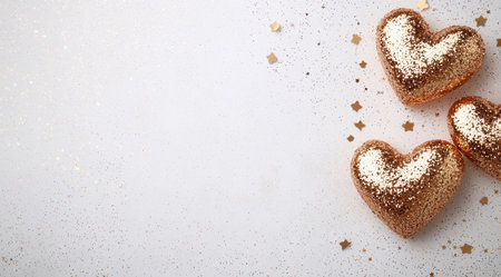 Sparkling gold heart-shaped cookies on a white backgroundの素材