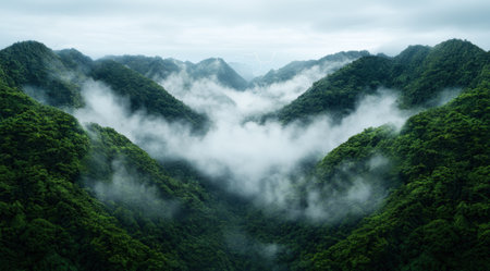 Misty mountain landscape with lush green foliageの素材