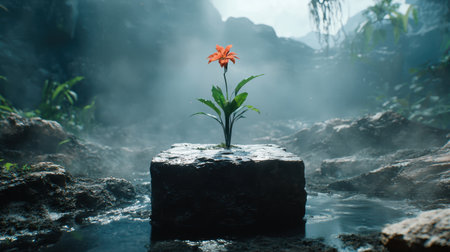 Vibrant flower blooming in misty jungle landscapeの素材