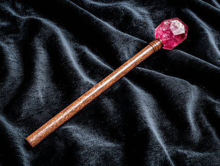 Ornate wooden cane with pink crystal knob on black velvetの素材