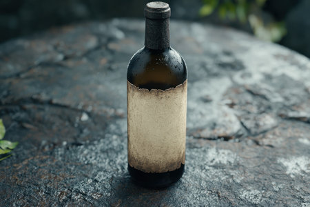 Weathered wine bottle on rocky surfaceの素材