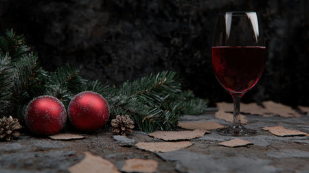 festive christmas wine and ornamentsの素材