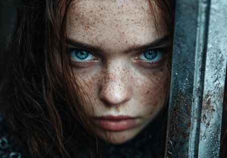 Intense gaze of a young woman with frecklesの素材