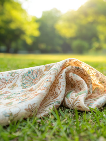 Cozy picnic blanket in lush green fieldの素材