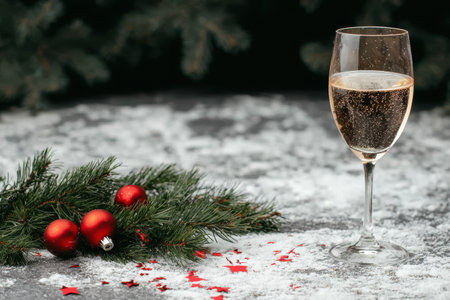 sparkling wine glass with christmas decorations in snowy sceneの素材