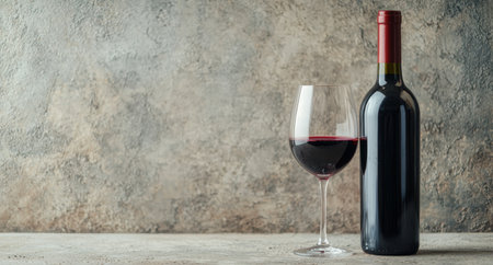 red wine bottle and glass on concrete backgroundの素材