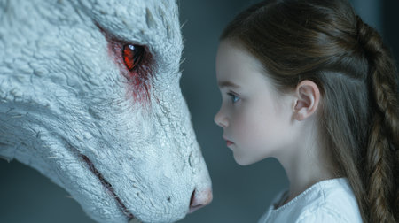 young girl confronting a fierce creatureの素材