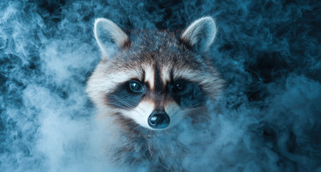 Captivating close-up of a raccoon with piercing blue eyesの素材