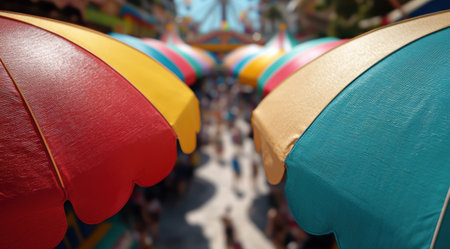Colorful umbrellas in a crowded streetの素材