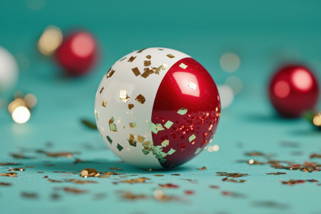 Decorative holiday ornaments on teal backgroundの素材