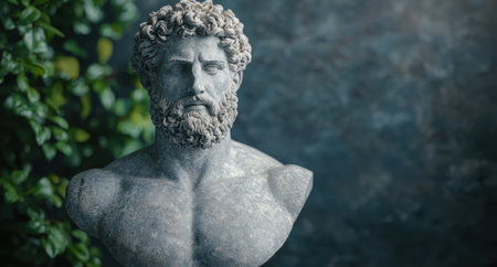 Weathered stone bust with curly hair and beardの素材