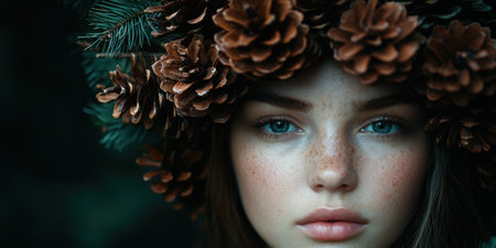 Enchanting winter portrait of a woman with pine conesの素材
