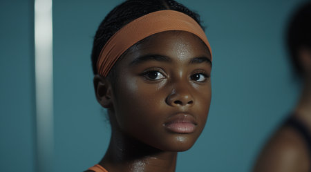 close-up portrait of a young woman with braided hairの素材
