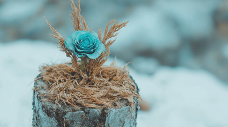 Turquoise rose on wooden stumpの素材