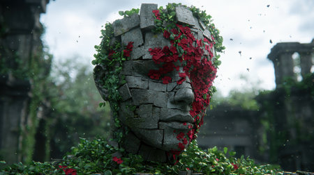 Surreal stone face sculpture covered in lush greenery and red flowersの素材