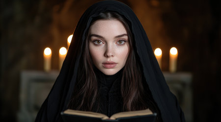 mysterious woman in dark hood reading bookの素材