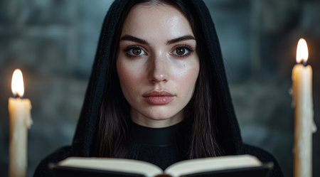 mysterious woman reading book by candlelightの素材