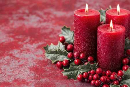 festive red candles and holly berriesの素材
