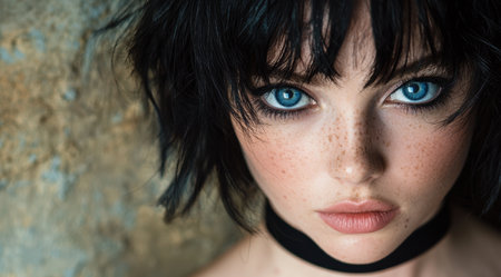 Captivating blue-eyed woman with dark hair and frecklesの素材