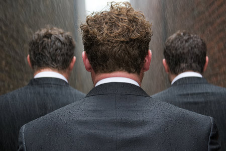 three businessmen walking in the rainの素材