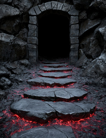 Dark fantasy cave entrance with glowing lava stepsの素材