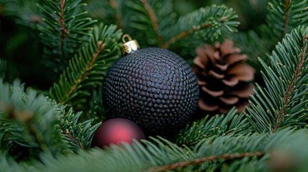 Festive Christmas ornaments on a pine treeの素材