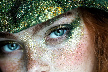 Glittering eye makeup with green and gold sparklesの素材
