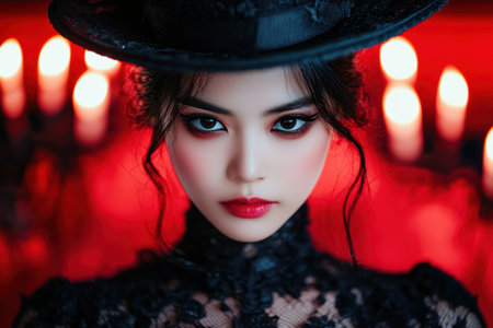 mysterious woman in dark hat and makeupの素材