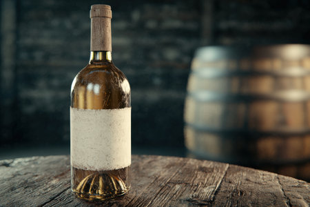 Vintage wine bottle on rustic wooden tableの素材